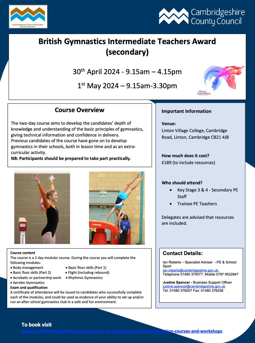 Secondary PE teachers and PE trainee teachers:

Come and join me for two days in the spring when I'll be delivering the British Gymnastics Secondary Teachers Award course at Linton Village College on behalf of @Cambs_PE. Book your place at cambslearntogether.co.uk/cambridgeshire…