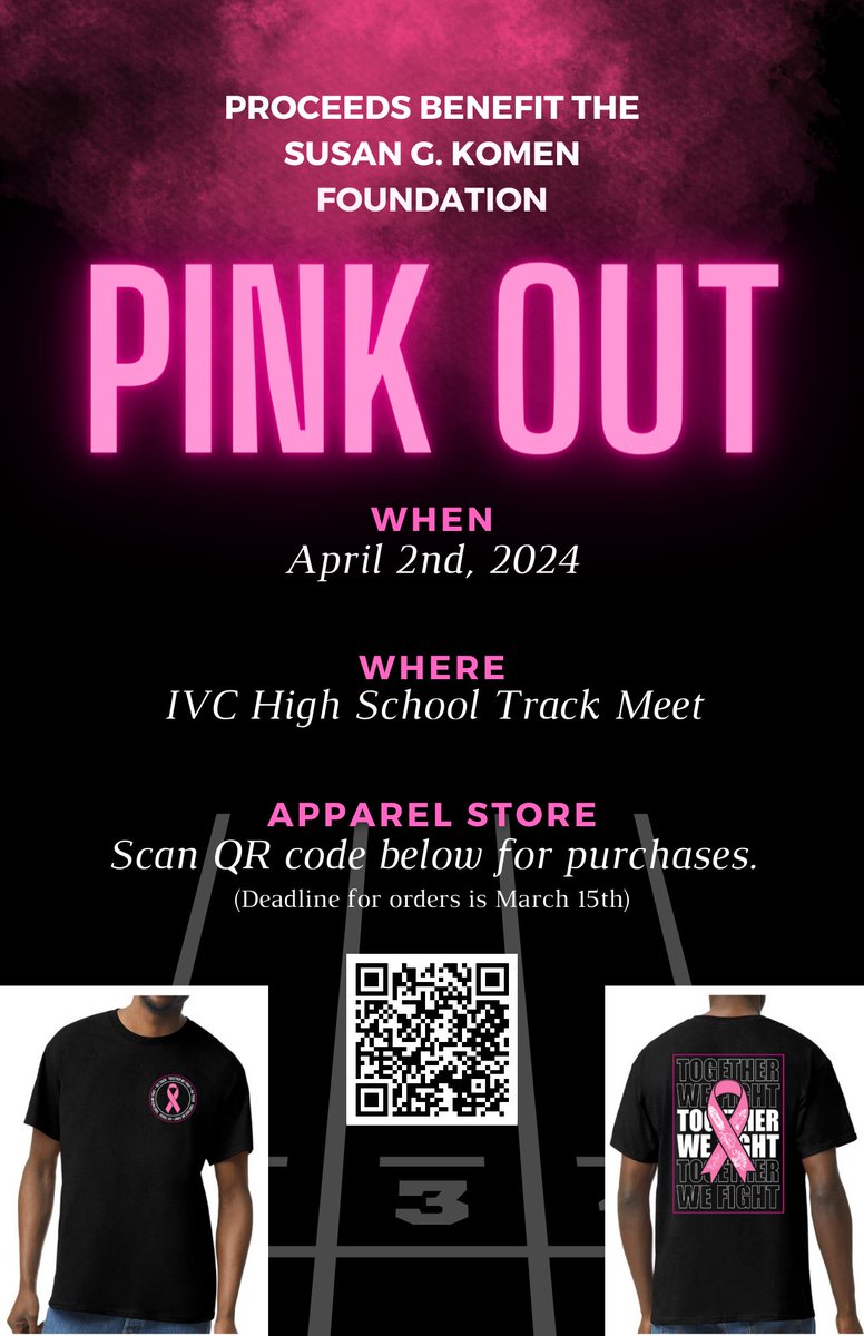 IVCHS senior Lizzy Short is hosting a Pink Out Track Meet to honor her late grandma. Proceeds from this event will benefit the Susan G. Komen Foundation. Order apparel by MARCH 15TH. high5apparel.com/ivc-track-fund… Support our Ghosts and a great cause!🩷 @IVCSports