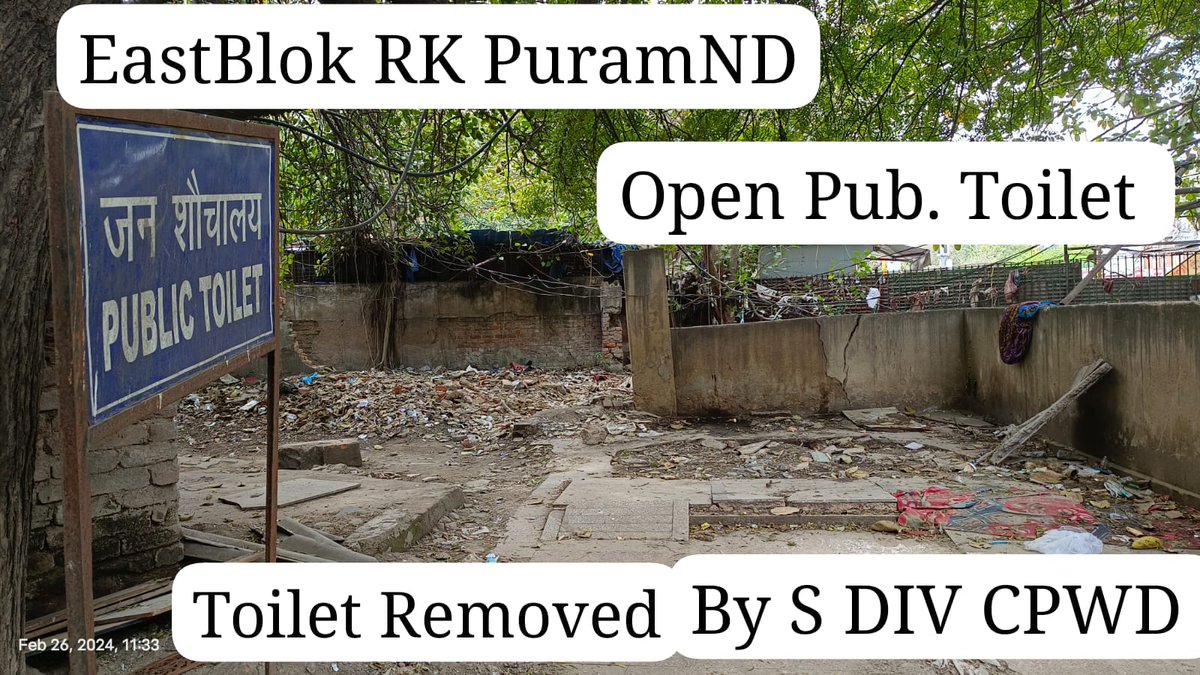 Laxmikantkl's tweet photo. @MrShambhuPd @DGCPWD @narendramodi @SmartCities_HUA @HardeepSPuri @CPCB_OFFICIAL @PMOIndia @Secretary_MoHUA @MoHUA_India @CPWDGOV @SwachhBharatGov In #EastBlkRKPuramND 
instead of cleaning #PublicToilet S Div CPWD removed it &amp; converted it to #OpenPublicToilet
For non implementing @narendramodi vision of
#CleanToiletsCampaign
#SwachhBharat
#SwachhBharatMission
Please take action against #DGcpwd

#narendramodi
#HardeepSPuri https://t.co/eq4zQbMFZx