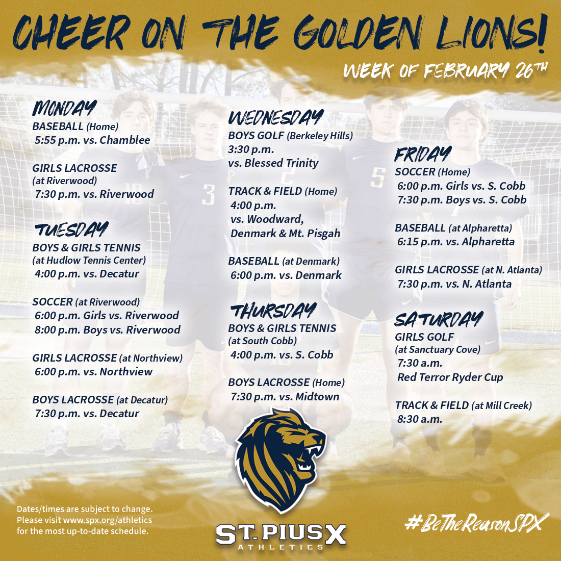 St. Pius X Athletics (@spxgoldenlions) on Twitter photo All of our springs sports are in action this week! #bethereasonspx 
spx.org/athletics/ All of our springs sports are in action this week! #bethereasonspx 
spx.org/athletics/