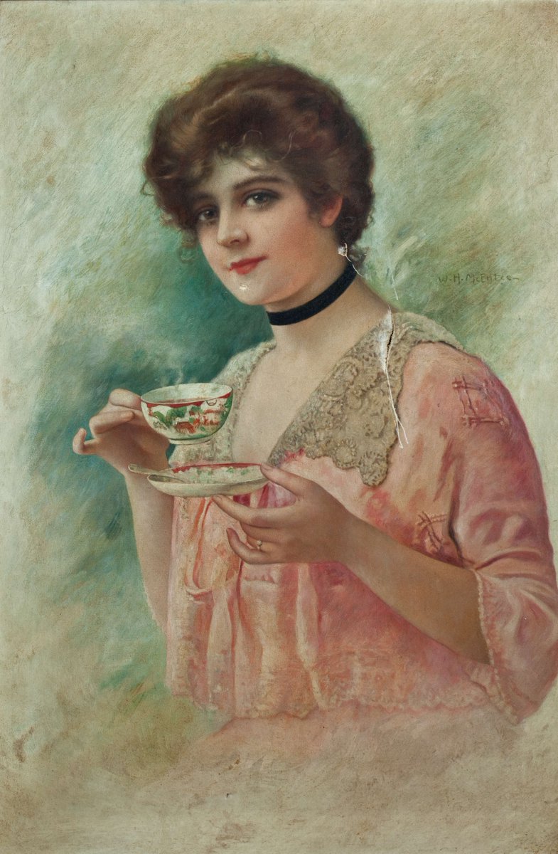 Happy Monday!  Beverage in hand, ready for the week ahead. What’s in your cup—coffee or tea? (Or, if you’re this woman in pink, Postum, the caffeine-free coffee substitute created by C.W. Post, Marjorie Post’s father) ☕ 

📷: Acc. no. 51.203