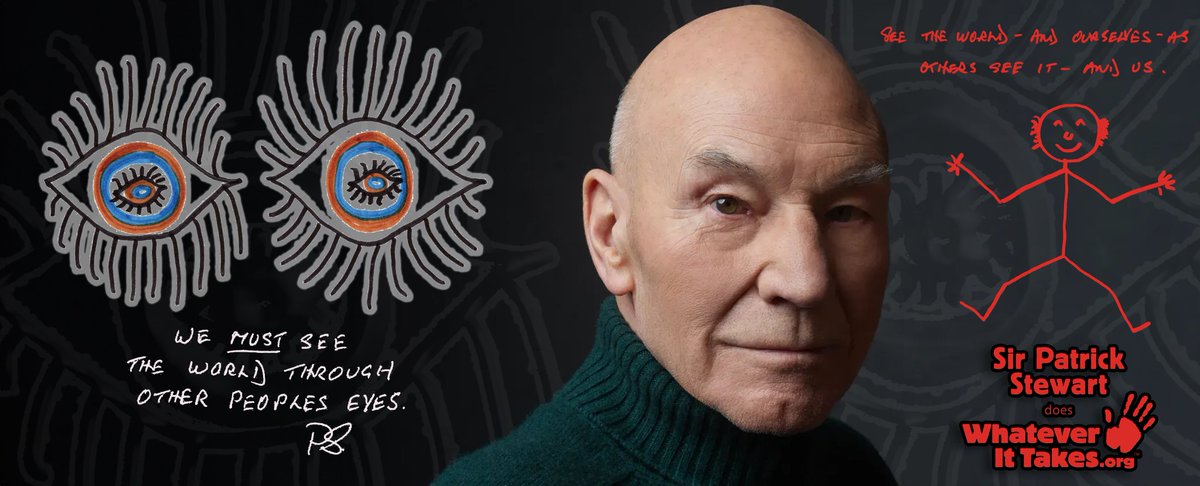 whatevrittakes's tweet photo. Illustrious performer, Professor X, and captain of the starship Enterprise, Sir Patrick Stewart, has donated his Symbol of Hope and a profound Message of Hope to cement  his role as a 21st Century Leader. With a reminder that "We MUST see the world through other people's eyes." https://t.co/y6TOelfRgT