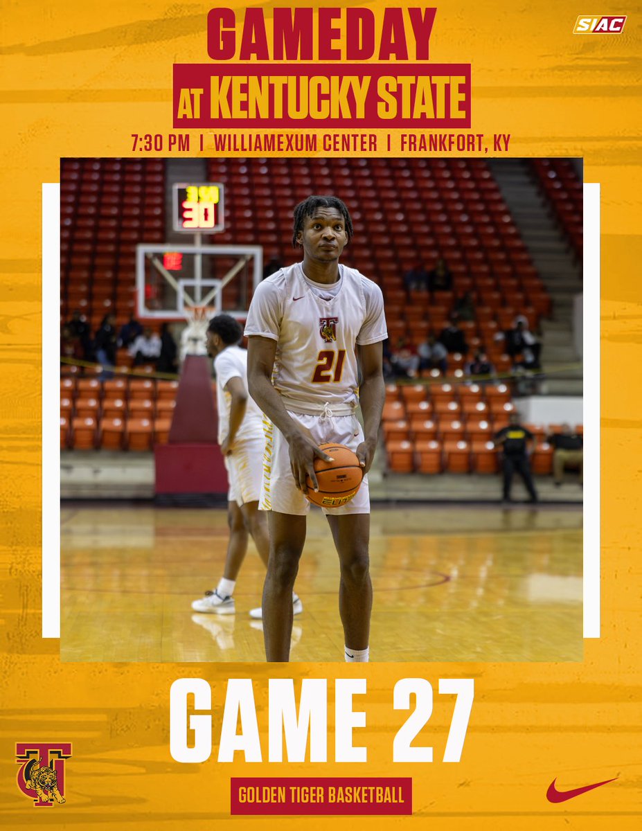 Closing out the regular season on the road against Kentucky State. Tip-off set for 7:30! 🆚 Kentucky State 📍 Frankfort, KY 🏟️ William Exum Center 📻 bit.ly/3uDlRWx 📊 bit.ly/3T9CbaS #SkegeeMBB l #MyTUAthletics l #SIACMBB l #BeatKSU🏀