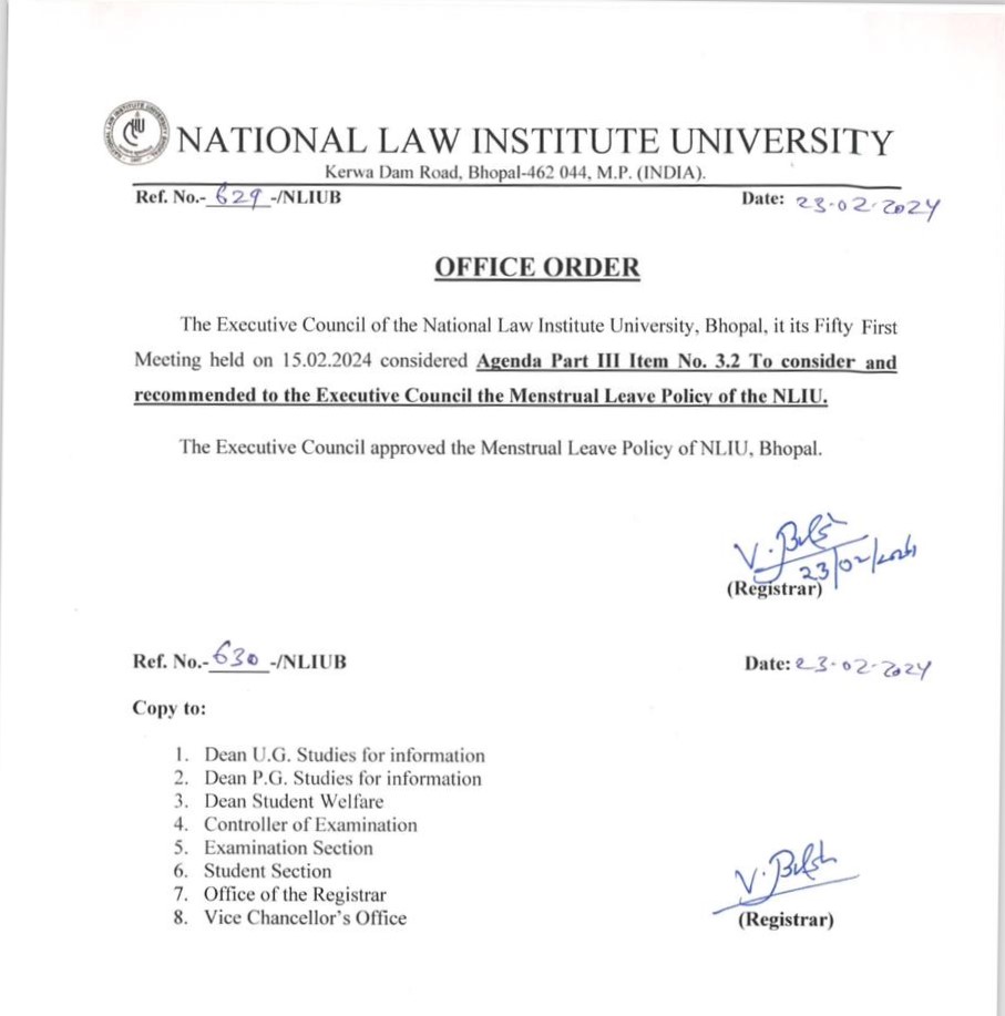 National Law Institute University (@nliu_official) on Twitter photo We are delighted to announce that, with the consistent efforts of the Student Bar Association, we now have an official Menstrual Leave Policy in place for the students of every curriculum offered at NLIU.
#NLIU #NLIUBhopal <a href="/LiveLawIndia/">Live Law</a> <a href="/barandbench/">Bar and Bench</a> <a href="/scconline_/">SCC Online</a> <a href="/nripbhati/">Nripraj Bhati</a> We are delighted to announce that, with the consistent efforts of the Student Bar Association, we now have an official Menstrual Leave Policy in place for the students of every curriculum offered at NLIU.
#NLIU #NLIUBhopal <a href="/LiveLawIndia/">Live Law</a> <a href="/barandbench/">Bar and Bench</a> <a href="/scconline_/">SCC Online</a> <a href="/nripbhati/">Nripraj Bhati</a>