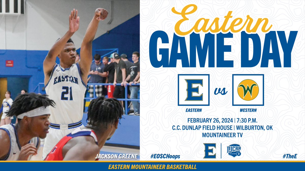 It's Game Day! Eastern will take on Western at home. Come support our Mountaineers! #TheE #EOSCHoops #NJCAAMBB 🏀 vs. Western Oklahoma State College ⏰ 7:30 PM 🏟 C.C. Dunlap Field House 📍 Wilburton, OK 🖥 eoscathletics.com/mountaineertv