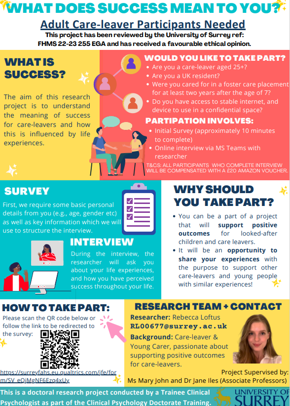 CareLeavers's tweet image. Support Rebecca - a care leaver at Surrey University.  What does success mean to you? Adult Care Leaver Participants needed aged 25+  surreyfahs.eu.qualtrics.com/jfe/form/SV_eQ…