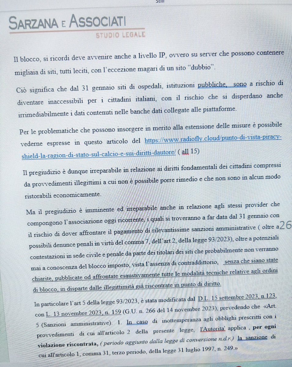 Il 6 gennaio 2024 scrivevo al TAR Lazio queste parole in merito al rischio di inibizione di siti legali associato  all’utilizzo del Piracy Shield. 

@Monitorapa @g_bonfiglio @raistolo @Digital_Day @Luke_like @wireditalia @giardina_g  @assoprovider 

#piracyshield