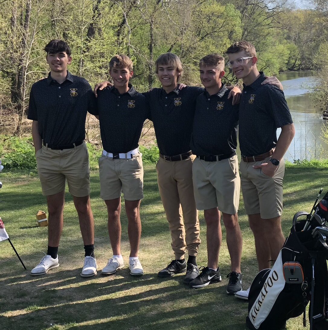 The 2024 KHS Golf season begins today. This will be our first season since 2020 that these 5 men weren’t a part of our team. The 2023 seniors were L-R: Nick, Ty, Gaige, Caleb, &amp; Garrett. You guys were fantastic Chiefs!!! Thank you. 
Time flies by so fast. 
Go Chiefs!!!