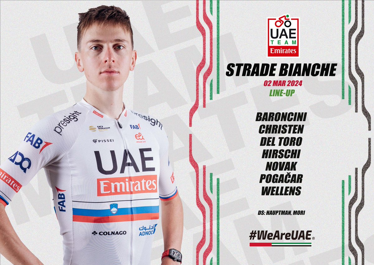 The white Tuscan roads await. Here’s our lineup for #StradeBianche 🇮🇹: 🇮🇹 @Filobaroncini 🇨🇭 @janchristen04 🇲🇽 @ISAACDELTOROx1 🇨🇭 @MarcHirschi 🇸🇮 @DomenNovak 🇸🇮 @TamauPogi 🇧🇪 @Tim_Wellens #UAETeamEmirates #WeAreUAE