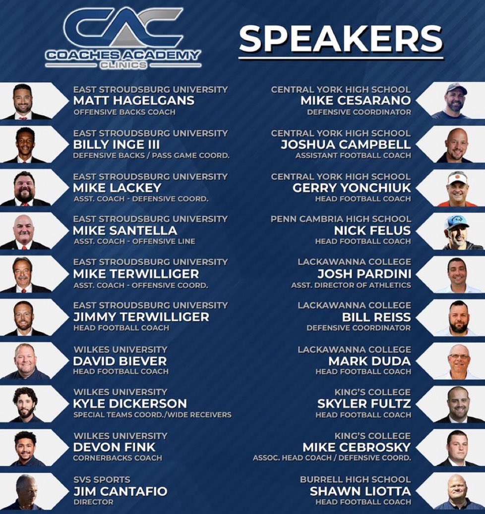 You will never attend another FB clinic like ours!! ALL INCLUSIVE DEAL.. two full days of meals included!  Register ➡️ coachesacademyclinics.com
<a href="/PaFootballNews/">Pennsylvania Football News</a> <a href="/NJFCA/">NJFCA</a> <a href="/nyfca/">NYFCA</a> <a href="/PSFCA_/">PSFCA</a> <a href="/LCFalconsFB/">Lackawanna College Football</a> <a href="/ESUWarriors/">ESU Warriors</a> <a href="/KingsCollegeFB/">King's Football 🏈</a> <a href="/WilkesFootball/">Wilkes Football</a> <a href="/MUCougarsFB/">Misericordia University Football</a> <a href="/DigInMules/">Muhlenberg Football</a> <a href="/TheFundingZone/">Funding Zone Fundraising & Vertical Raise!</a>