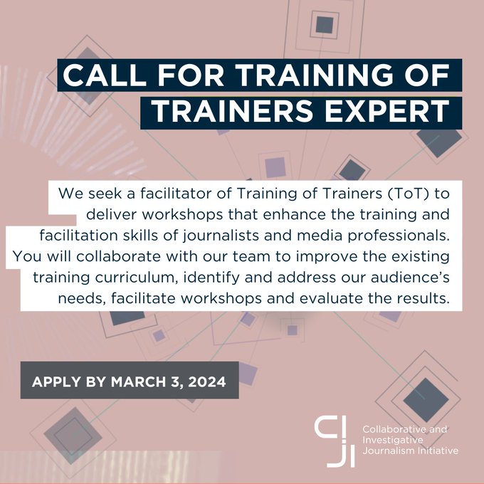 [Open call for trainers of trainers] Seeking a facilitator to mentor journalists and other media professionals to enhance their training and facilitation skills in topics related to collaborative journalism and digital investigation. Apply by 03/03: ciji.info/announcements/… #CIJI