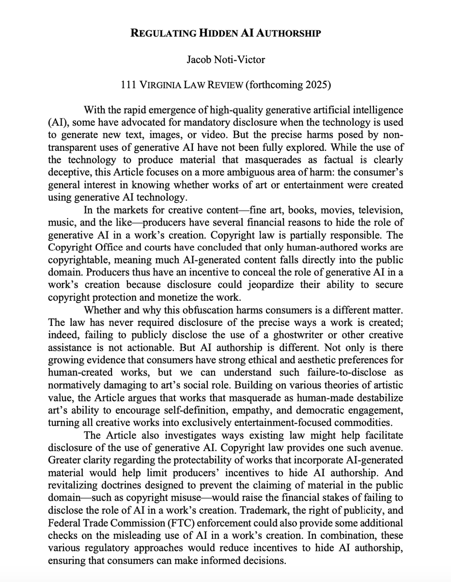 I'm excited to share that my article, 'Regulating Hidden AI Authorship,' is now forthcoming in the @VirginiaLawRev. The abstract is below. It should be up on SSRN in the next month or two (but let me know if you'd like to see a draft in the meantime).