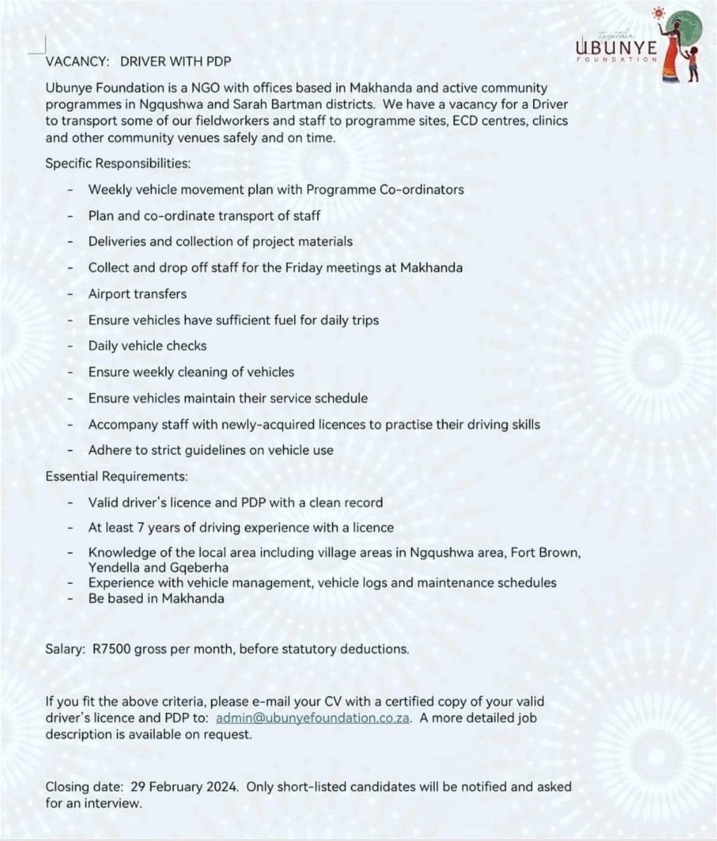 Ubunye Foundation (@ubunyef) on Twitter photo ๐จ๐ฏ๐๐ป๐๐ฒ. ๐ง๐ผ๐ด๐ฒ๐๐ต๐ฒ๐ฟ ๐ถ๐ป ๐๐ฒ๐ฎ๐ฑ๐ฒ๐ฟ๐๐ต๐ถ๐ฝ
REMINDER!!!!
Ubunye is on the lookout for a driver.
Is that you or are you interested?
Make sure to email us by the 29th of February if you are!!
The closing date is near, send us your CV!!
#communityledngo
#ubunye ๐จ๐ฏ๐๐ป๐๐ฒ. ๐ง๐ผ๐ด๐ฒ๐๐ต๐ฒ๐ฟ ๐ถ๐ป ๐๐ฒ๐ฎ๐ฑ๐ฒ๐ฟ๐๐ต๐ถ๐ฝ
REMINDER!!!!
Ubunye is on the lookout for a driver.
Is that you or are you interested?
Make sure to email us by the 29th of February if you are!!
The closing date is near, send us your CV!!
#communityledngo
#ubunye