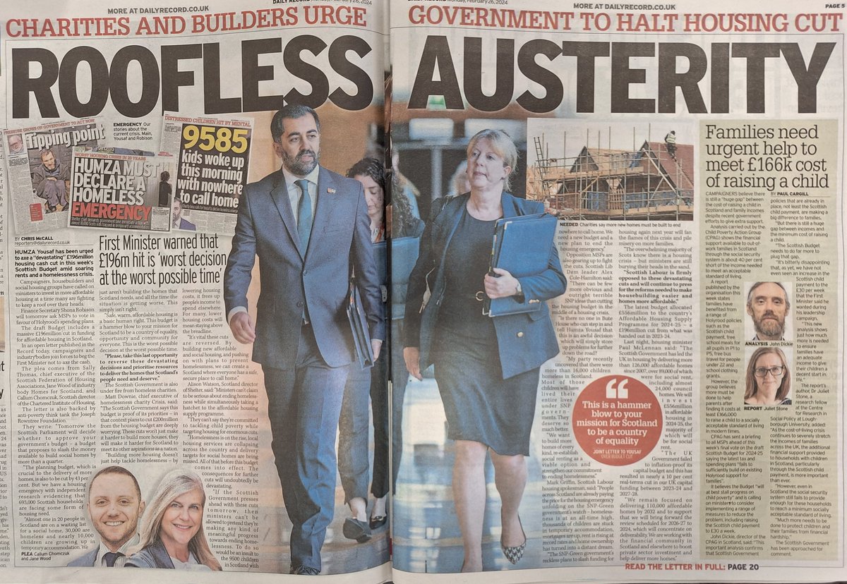 Jane Wood (@hfsjane) on Twitter photo Delighted to see such strong coverage of our joint call with <a href="/sfha_hq/">SFHA</a>, <a href="/CIHScotland/">CIH Scotland</a> & <a href="/jrf_uk/">Joseph Rowntree Foundation</a> ahead of the <a href="/ScotParl/">Scottish Parliament</a> Budget vote. I hope <a href="/ScotGovFM/">First Minister</a> will think again about the proposed cuts & that MSPs will carefully consider the housing needs of their constituents as they vote. Delighted to see such strong coverage of our joint call with <a href="/sfha_hq/">SFHA</a>, <a href="/CIHScotland/">CIH Scotland</a> & <a href="/jrf_uk/">Joseph Rowntree Foundation</a> ahead of the <a href="/ScotParl/">Scottish Parliament</a> Budget vote. I hope <a href="/ScotGovFM/">First Minister</a> will think again about the proposed cuts & that MSPs will carefully consider the housing needs of their constituents as they vote.
