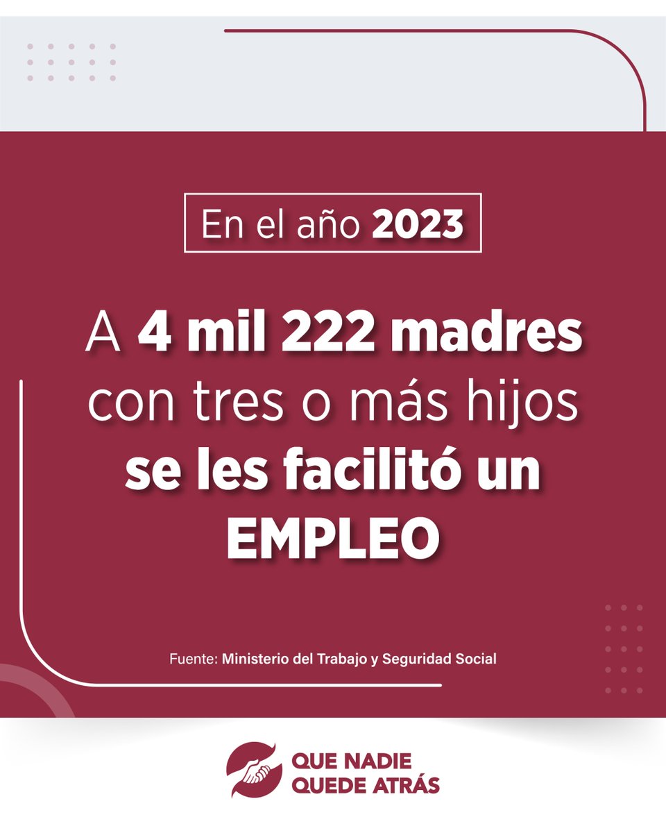 🇨🇺| En el año 2023 se les facilitó empleo a 4 mil 222 madres con tres o más hijos, como parte de la atención que mantiene el Gobierno cubano a las personas en situación de vulnerabilidad.

#QueNadieQuedeAtrás
