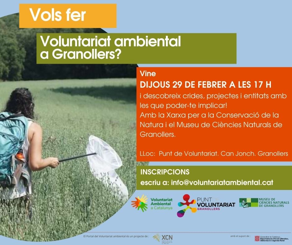 ☝️T'agradaria implicar-te en el voluntariat ambiental a Granollers? Vine aquest dijous a descobrir les crides, projectes i entitats on poder fer-ho! 📅 Dijous, 29 de febrer ⌚️17.00 h 📍Can Jonch, Granollers (@canjonch) 📩Inscripcions a info@voluntariatambiental.cat