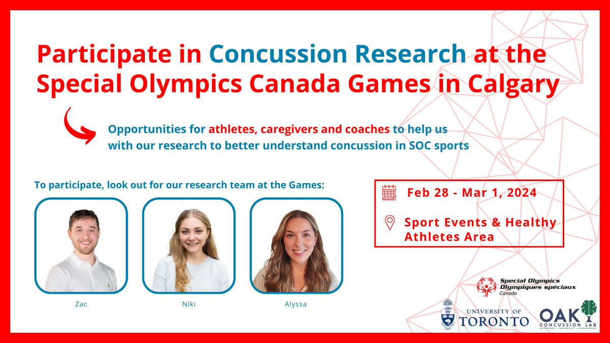 OAK Concussion Lab (@oakconcussion) on Twitter photo We are heading to the <a href="/SpecialOCanada/">Special Olympics Canada</a> Games in Calgary! 🇨🇦✈️
- Athletes and caregivers can fill out surveys about their #concussion history.
- Coaches can help us with our #concussion education toolkit.
We can't wait to see you there! We are heading to the <a href="/SpecialOCanada/">Special Olympics Canada</a> Games in Calgary! 🇨🇦✈️
- Athletes and caregivers can fill out surveys about their #concussion history.
- Coaches can help us with our #concussion education toolkit.
We can't wait to see you there!