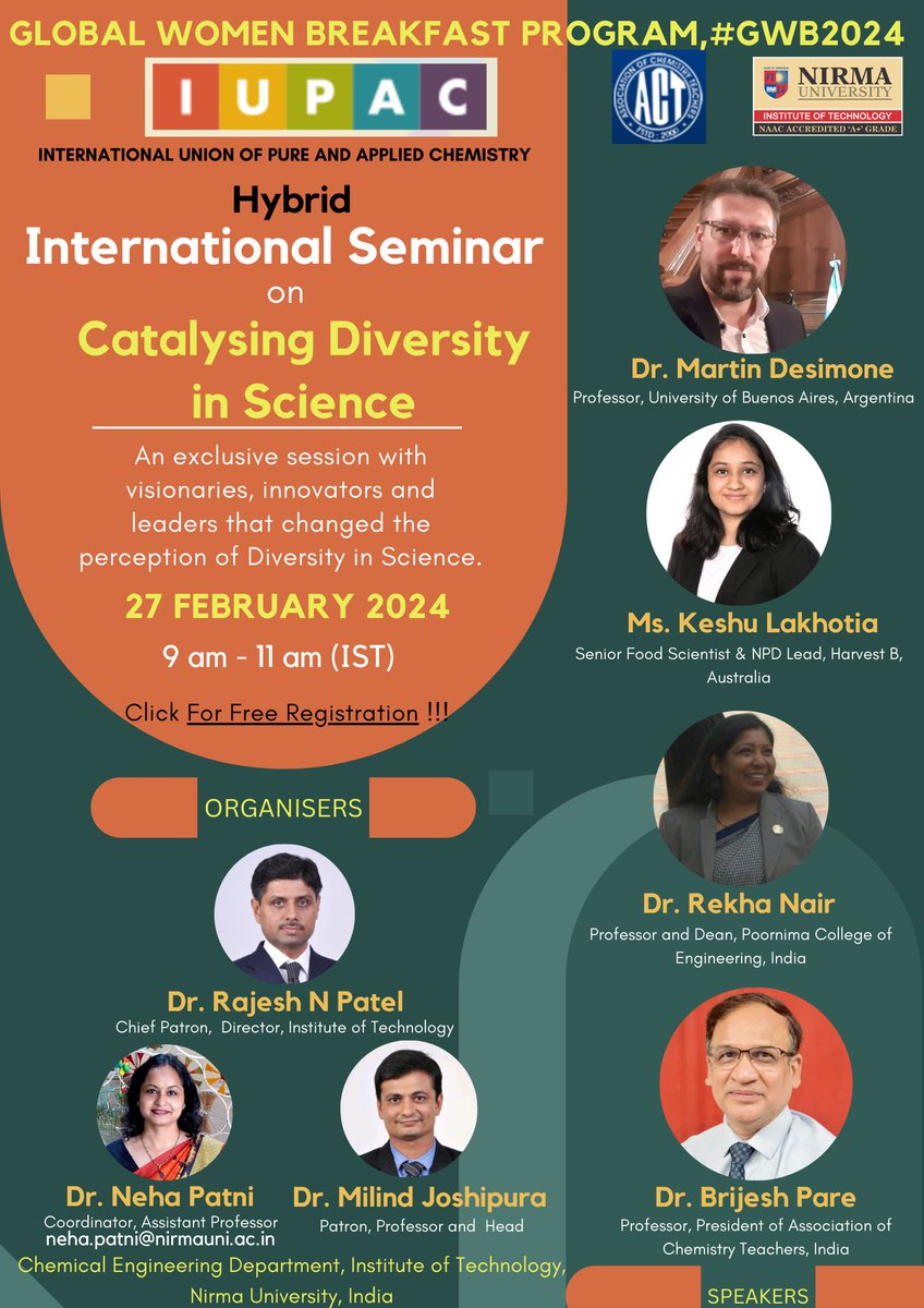 nehapatni1's tweet photo. Honored to host the hybrid International Seminar tomorrow.
Catalyzing diversity in Science is the need of the hour.
@Dr_Desimone
@ch_itnu @NirmaUniTweets
@DrRajeshNPatel
#GWB2024 #IUPAC #Chemistry https://t.co/j30SQ9IyHb