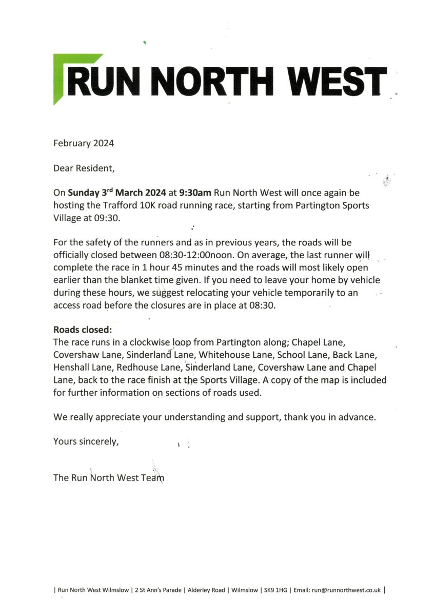 Please be advised of Road Closures on Sunday the 03 March near us - These are mainly all the back lanes - so if you are coming in from the A56 past Dunham Massey you will not be affected