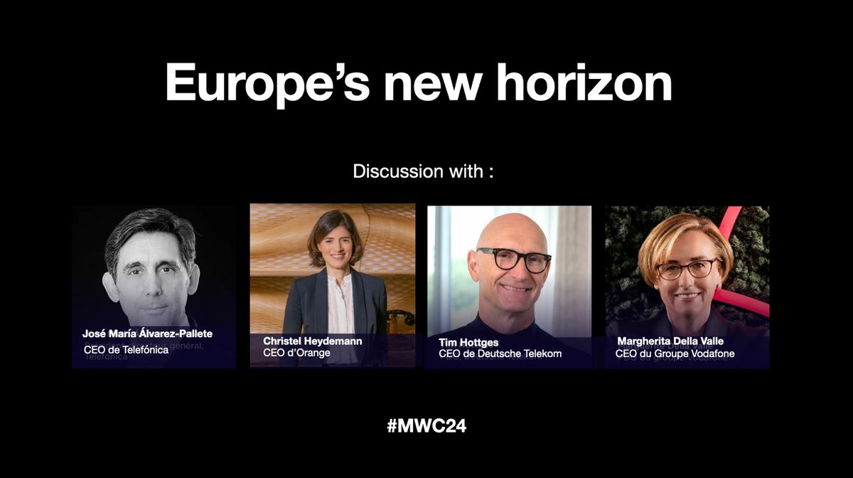 4 telco CEOs on the same stage to discuss about Europe's horizons... that's possible and that's at the #MWC24. H-1 👉 Stay tuned! @jmalvpal Tim Hoettges Margherita Della Valle
