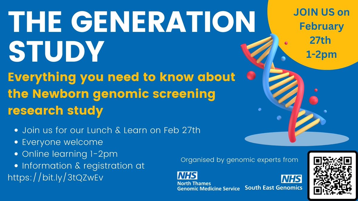 Few spaces left for our online discussion about the Generation Study TOMORROW. Join to hear more about the new @GenomicsEngland research study which will screen 100,000 newborn babies. Everyone is welcome to join us from 1pm online. Sign up 👉 bit.ly/3tQZwEv