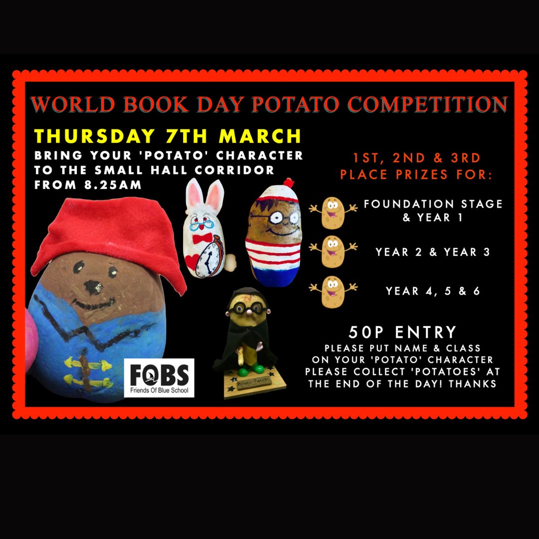 On World Book Day FOBS is running a 'World Book Day Potato Competition'👍🏻😀🥔 50p entry on Thursday 7th March 👍🏻 Can't wait to see 'potato' book characters! 😀 #worldbookday2024 #fobs #potatocharacter