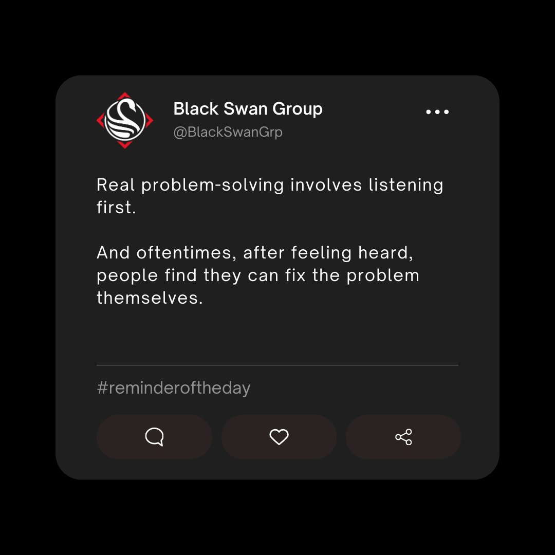BlackSwanGrp's tweet photo. Listen before you solve.ππ
This is the stuff we need to start the week right.
Get another burst of confidence for the week by reading a blog from our newsletter: https://t.co/PQFXnJebDq
#listeningskills #leadershipproblems #negotiation #negotiationskills https://t.co/Dtpjmd1iVh