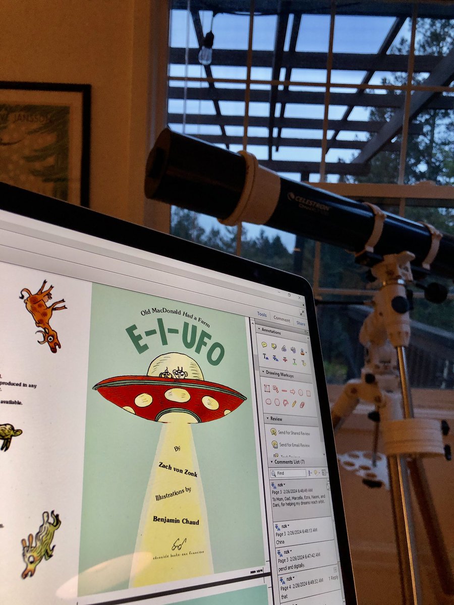 Early-morning galley review of E-I-UFO by Zach von Zonk and illustrated by Benjamin Chaud. Old MacDonald! Martians! Space! I can’t wait for this hilarious picture book to greet the world (Spring 2025!). 🛸 📚
