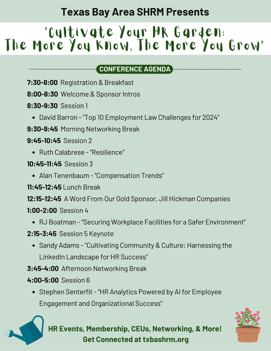 txbashrm's tweet image. **Early-bird pricing ends March 1st** Our 2024 annual conference will be held on Thursday, April 11th from 8 AM - 5 PM in Friendswood, TX. Don't miss this opportunity to get 6.5 SHRM &amp;amp; HRCI CEUs in one great day! 👉 TXBASHRM.ORG