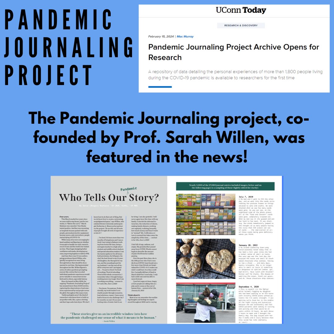 The Pandemic Journaling Project, co-founded by Prof. Sarah Willen, is in the news! Check out our website for these new articles in UConn Today and UConn Magazine: anthropology.uconn.edu/2024/02/26/pan…