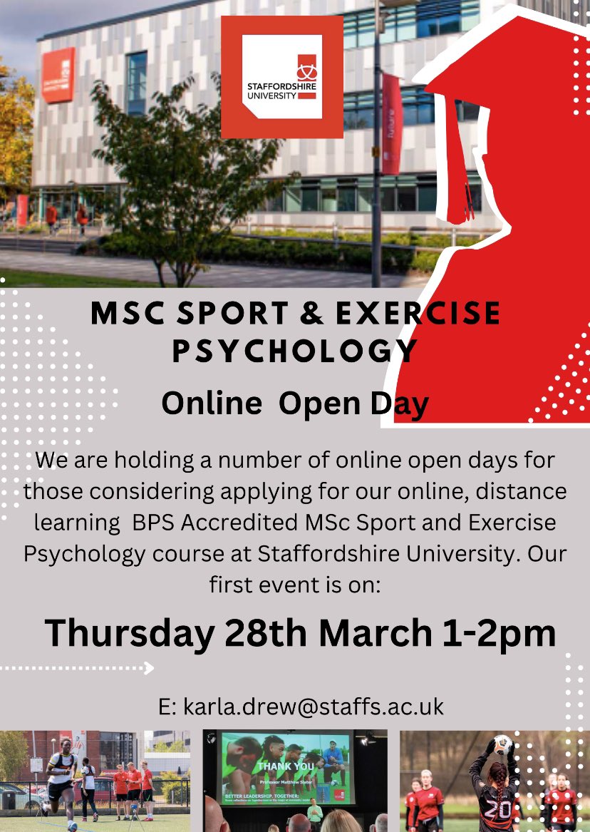 We are holding an online ‘open day’ for anyone interested in our @BPSOfficial accredited MSc Sport & Exercise Psychology course @StaffsUni. Our course is fully online, distance learning so great for those looking for flexible study! Signup details below.