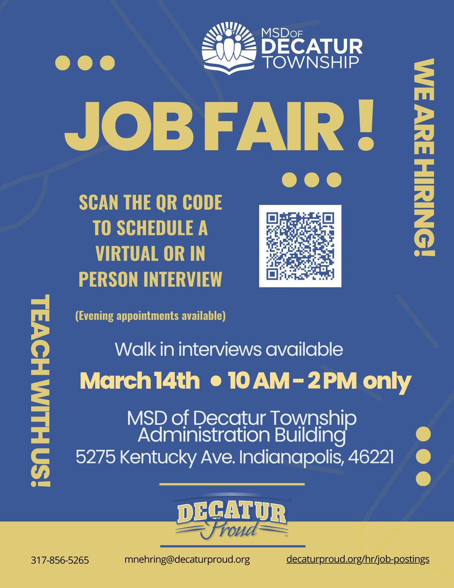 MSDDecatur's tweet photo. We are hiring teachers for the 2024-2025 school year! Join us for a Job Fair on 3/14, 10 am-2 pm. 
Schedule your virtual or in person interview at https://t.co/UBolVUgwqn
We can't wait to share all the reasons you should teach with us!
#DecaturProud @Steph_Hofer @MSDDecaturHR https://t.co/2IM7nRQnnM