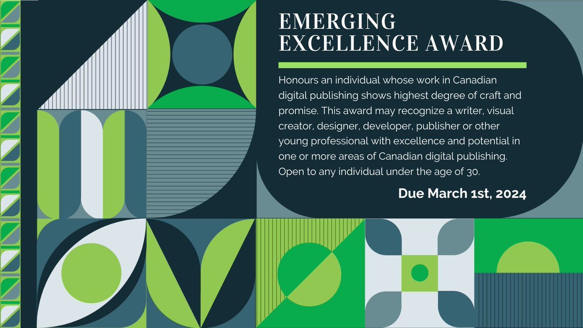 This award honors an individual whose early work in digital publishing demonstrates remarkable talent and potential. The recipient must have demonstrated excellence and potential in at least one area of ​​Canadian digital publishing. More info: buff.ly/3eowizw