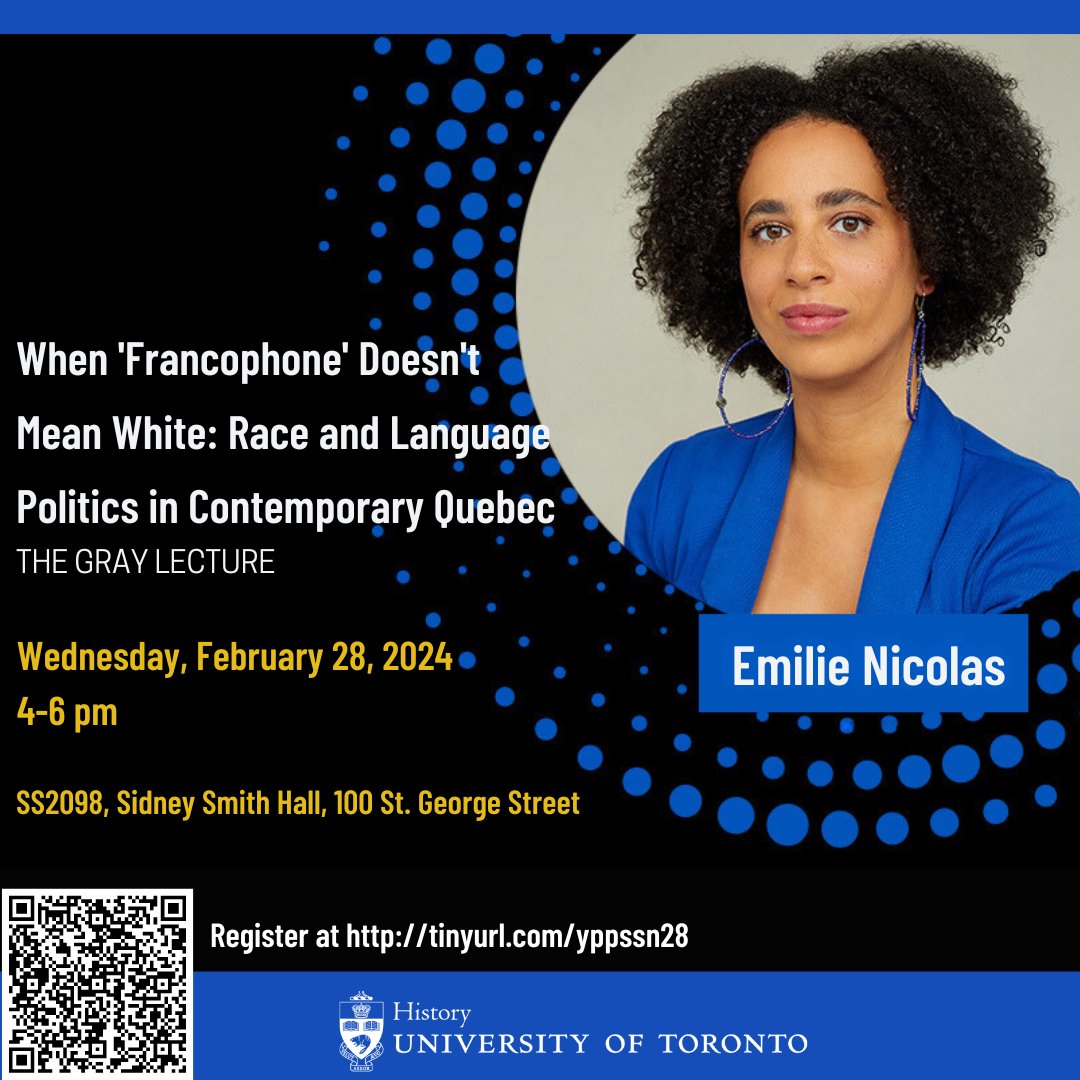 Join us this Wednesday at 4pm as we host Emilie Nicolas, columnist for Le Devoir and host of the “Détours” podcast on Canadaland, for the Gray Lecture: 'When 'Francophone' Doesn't Mean White: Race and Language Politics in Contemporary Quebec.' Register at buff.ly/42RE6UG