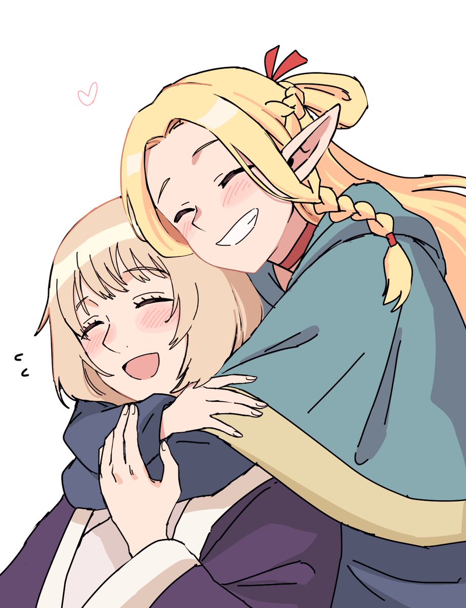 falin thorden ,marcille donato multiple girls 2girls elf blonde hair pointy ears smile hug  illustration images