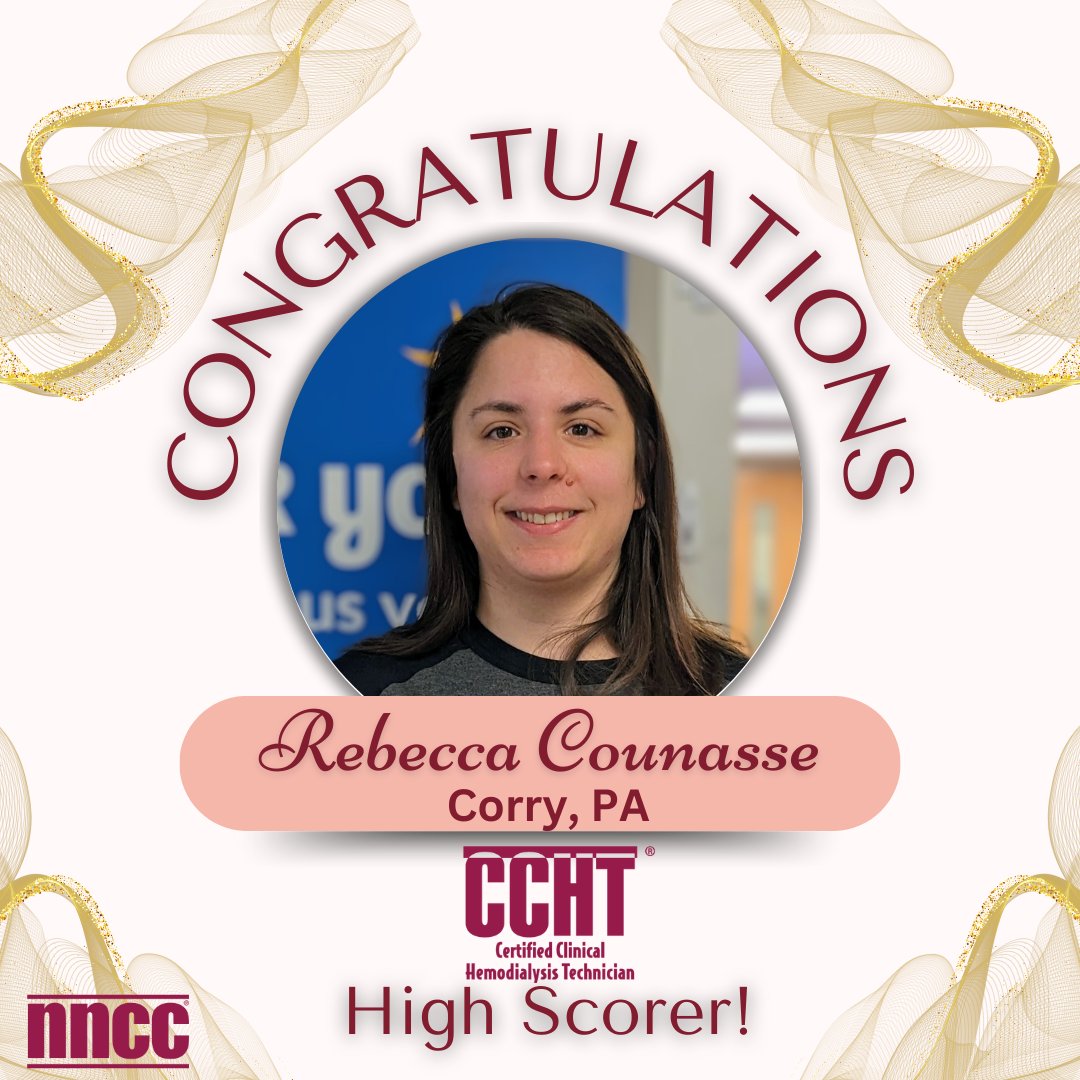 Good morning! Say congratulations on one of our four highest scorers on the CCHT certification examination!  Congratulations Rebecca! Great Job!

#nephrology #nephrologynurse #nephrologynursing #dialysis #dialysisnurse #dialysistech #dialysistechnician #highscore