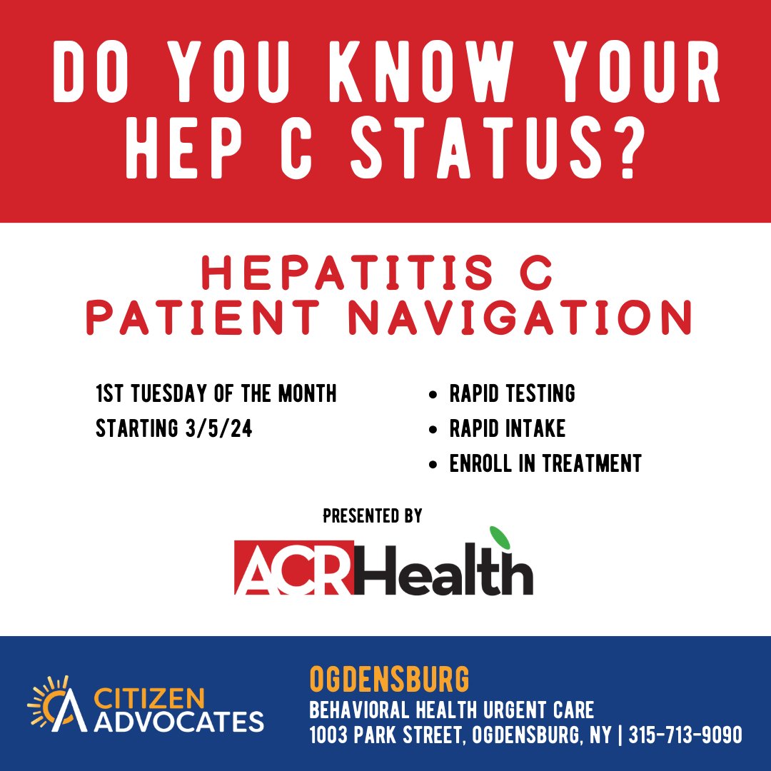 CitzenAdvocates's tweet image. Our Ogdensburg clinic will host free Hepatitis C testing &amp;amp; patient navigation, presented by @ACRHealth, the first Tuesday of the month, starting March 5. 👩‍⚕️👨‍⚕️

More info: 📱 our Ogdensburg clinic, 315-713-9090 / 📱 Aly at ACR Health, 315-702-3679.

#HepatitisCTesting #Ogdensburg