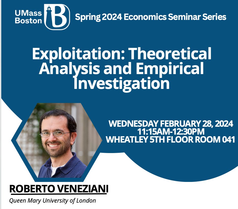 Our first dept seminar in the Spring 2024 series features Roberto Veneziani who will present his latest work on exploitation. Our seminars are in person and held between 11:15-12:30PM on Wednesdays. Please contact us if you would like to attend.