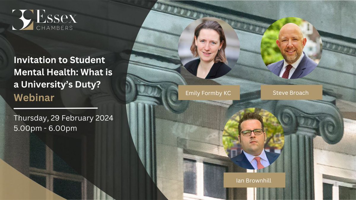 WEBINAR 🎥 | Student Mental Health: What is a University’s Duty? Join our team, from 39 Essex Chambers, as they discuss and reflect on the decision of the High Court in Abrahart v University of Bristol [2024] EWHC 299 on appeal from Bristol County Court.