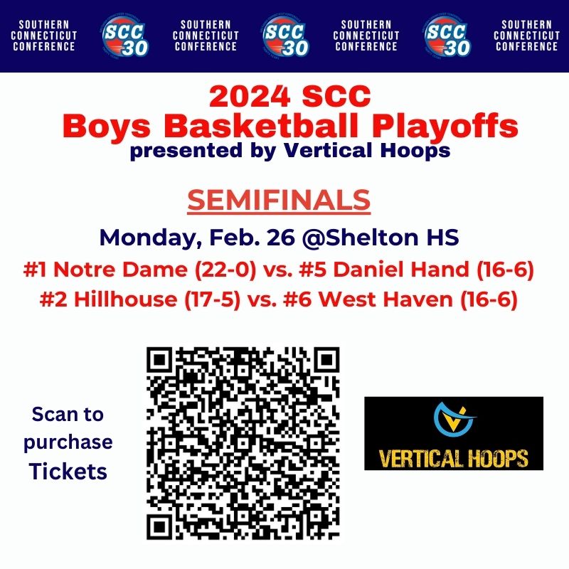 SCC Semifinals - tonight <a href="/sheltongaelsAD/">Shelton Athletics</a>   #ctbb 

6 p.m. - <a href="/NDWHAthletics/">NDWHAthletics</a> vs. <a href="/HandTigers/">@Handtigers</a> 
7:45 p.m. - <a href="/HouseFamSports/">HillhouseAthletics</a> vs. <a href="/CoachMorrell1/">Blue Devil Athletics</a> 

All tickets must be purchased online. 

southernconnecticutconference.org/sixteen-teams-…