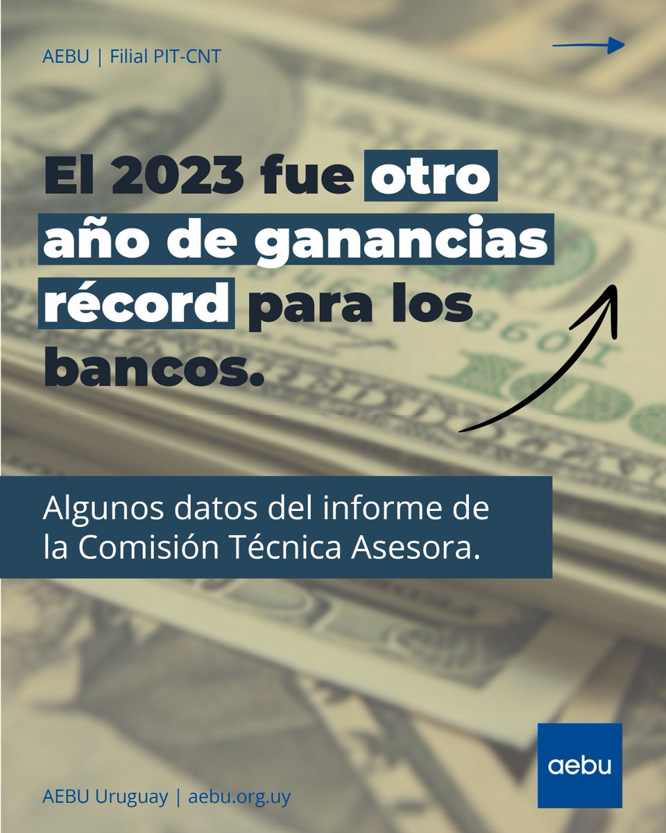 Aebu_Uruguay's tweet photo. Otro año de #ganancias récord para los #bancos 💸 La productividad de los bancos se ha incrementado, pero el resultado ha sido fundamentalmente apropiado por las empresas y no por los trabajadores. https://t.co/Hq5vOw1xXZ