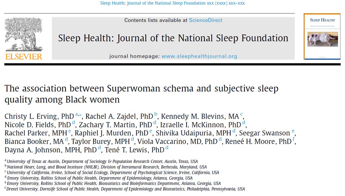 New Publication with a fantastic research team led by the magnificent Dr. @tenelewis2! Study results revealed Superwoman Schema endorsement was associated with poor sleep quality among Black women. authors.elsevier.com/a/1if9P8MycyW-… @MrRJM_Scholar @kennedymblevins @CherylGiscombe