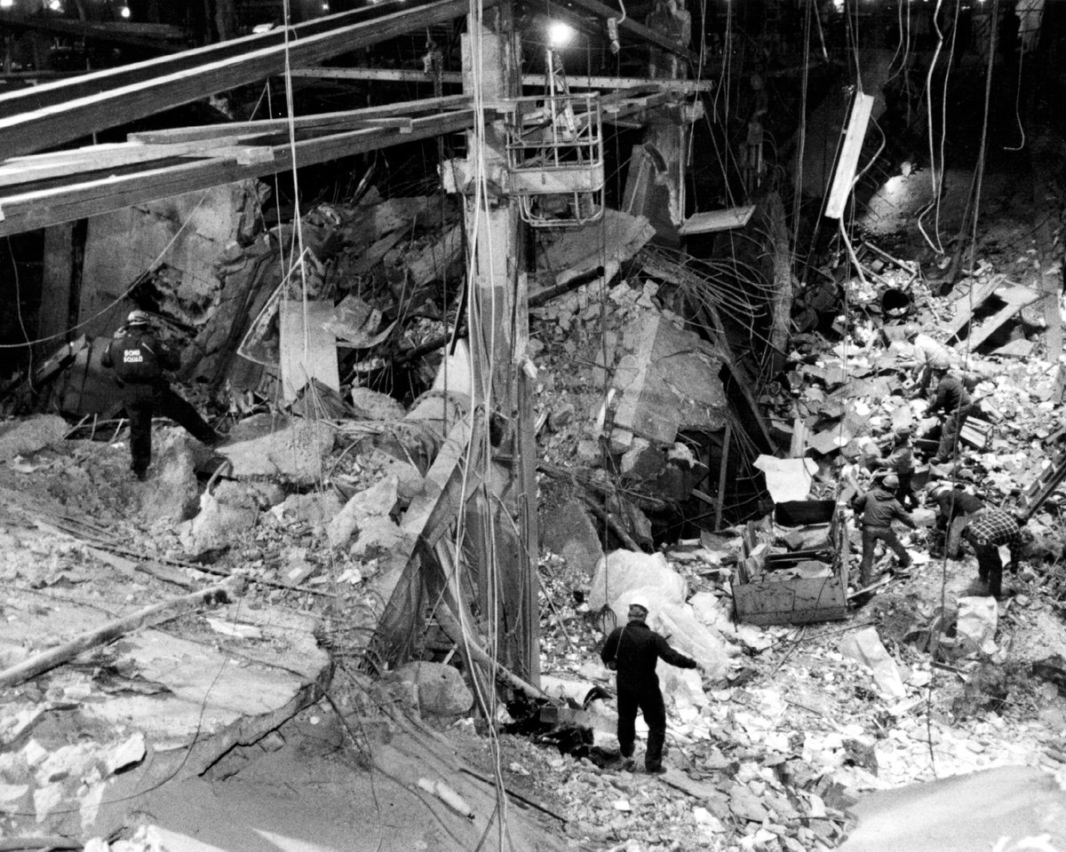HISTORY's tweet photo. On #ThisDayInHistory in 1993, a terrorist bomb exploded in a parking garage of the World Trade Center leaving a massive, multi-story crater and causing the collapse of several steel-reinforced concrete floors. 

Six people were killed and more than 1,000 were injured. City authorities and the FBI undertook a massive manhunt for suspects, and within days several radical Islamic fundamentalists were arrested but the mastermind of the attacked remained at large until February 1995. 

To learn more about this moment in history, visit: https://t.co/HNLxiH0VyW