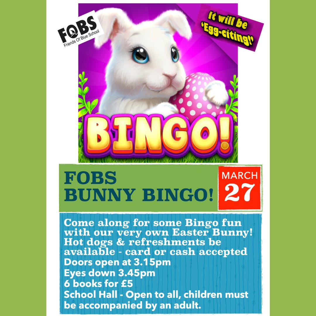 Easter Bunny is coming to Blue School! FOBS will be running two 'Bunny Breakfast' on Tuesday 26th &amp; Wednesday 27th March and in the evening of the 27th it is 'Bunny Bingo'! #fobs #fundraising #easterbunny #breakfast #bingo