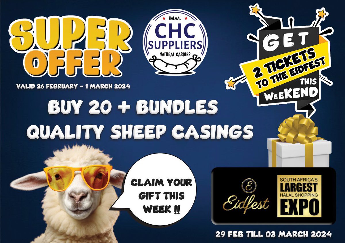 Super offer…

Claim your tickets to the Eidfest this week by buying 20 bundles or more natural Halaal certified sheep sausages casings from CHC Suppliers !!

#CHCSuppliers #sausagecasings #halaalcertified #bestquality #eidfest #eidfestival #eidfest2024