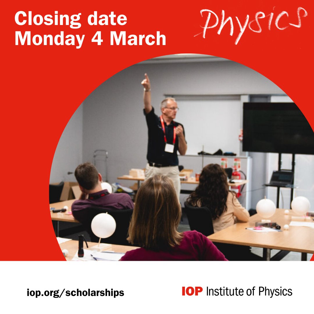 Just one week to go before the next round of Teacher Teaching Scholarship applications close. Become an inspirational teacher with skilled support and £30,000 of funding from the IOP. There are limited places, so apply as soon as possible! 
For details: bit.ly/3uUCOvi