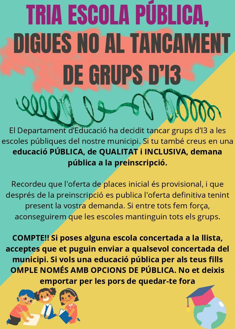 A més de l'infrafinançament crònic a l'educació pública, <a href="/educaciocat/">Educació</a> afavoreix la matriculació a la privada amb tancaments preventius de grups públics i altres greuges! <a href="/govern/">Govern de Catalunya</a>, d'això se'n diu privatització! 

Es cosa de totes defensar l'escola pública!! A #SantBoi i arreu!