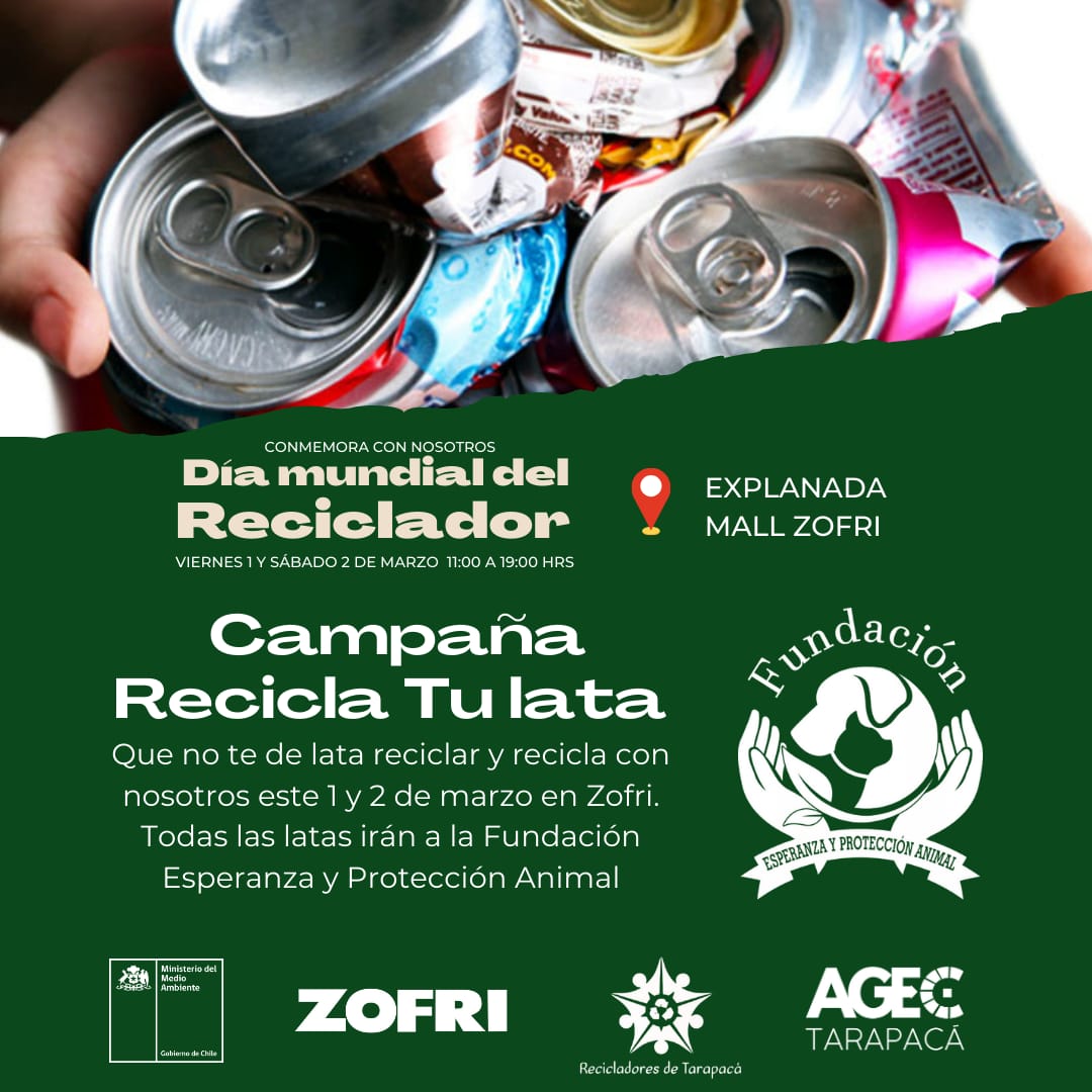Fundacion_EPA's tweet photo. Todos los Iquiqueños a aportar con sus latas de aluminio, sin residuos y aplastadas, los días 1 y 2 de marzo explanada Zofri de 11:00 a 19:00 hrs.
Campaña
QUE NO TE DE LATA AYUDAR
Fundación Esperanza y Protección Animal 
https://t.co/MuBFWZbdVe https://t.co/92aRhINptK