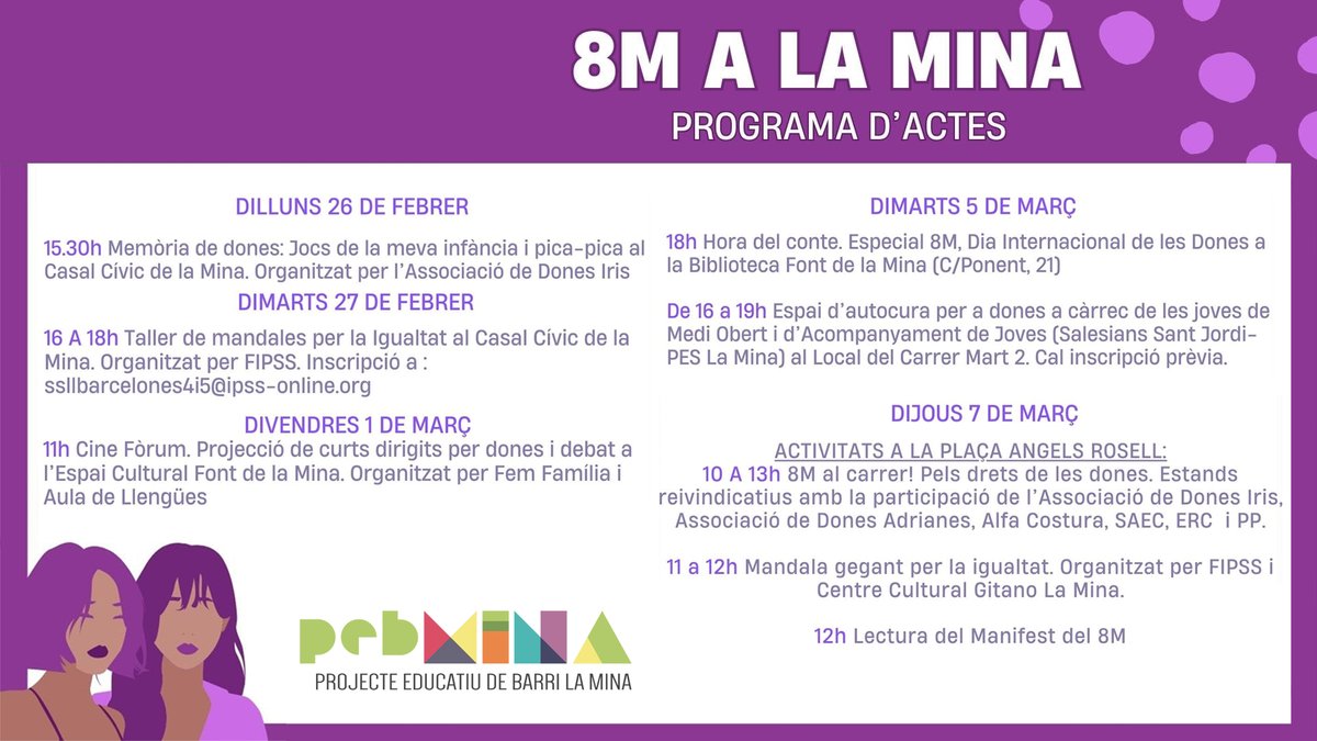 Donem inici a les activitats de commemoració del #8M #DiadelaDona al #barrilaMina amb propostes per totes les edats: 🎨 Jocs i tallers 🎬 Cinefòrum 📘 Conta Contes ✨ Espai d’autocura 🧩 Associacionisme 💜 Manifest reivindicació