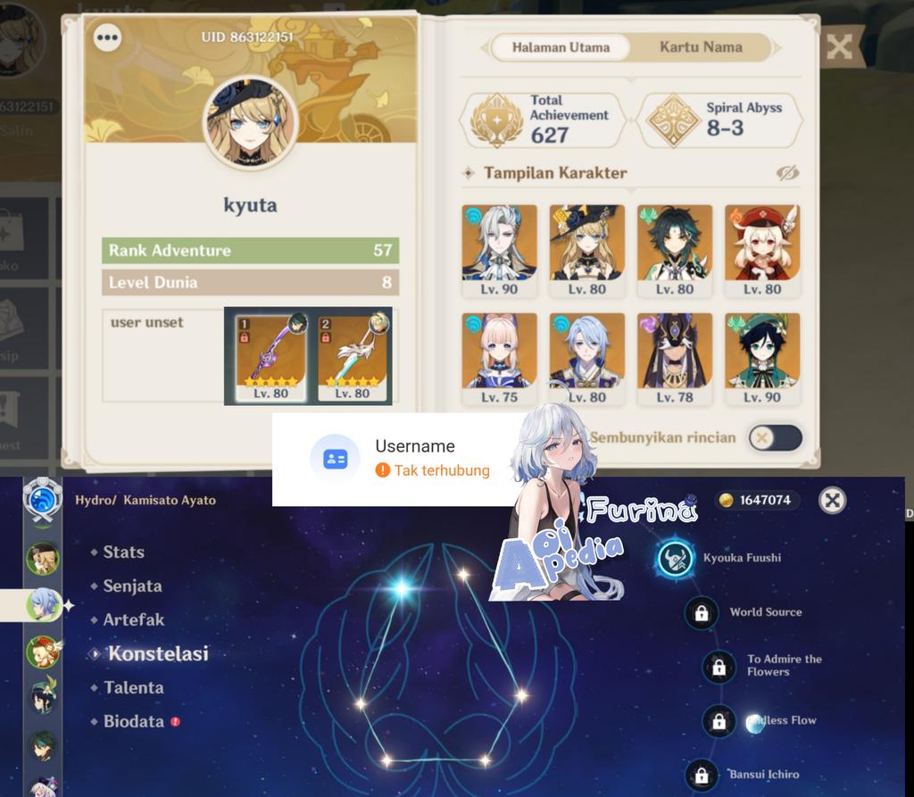 acc genshin ar 57 ayato C1 
Char limited ✦ ִֶָ  › ayato C1, neuvillette, navia, xiao, klee, kokomi,cyno, venti
Weapon limited ✦ ִֶָ  ›  Engulfing Lightning, aquila favonia 
✦ ִֶָ  › nomin bisa ce
✦ ִֶָ  › user unset
 
Price : 220k
#zonajajan #zonauang #genshinjualbeli